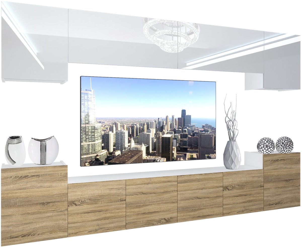 BELINI Wandmeubel NEX 4 - TV-Wandkast Set met LED-Verlichting Wit / Sonoma Eiken - Hoogglans Fronten