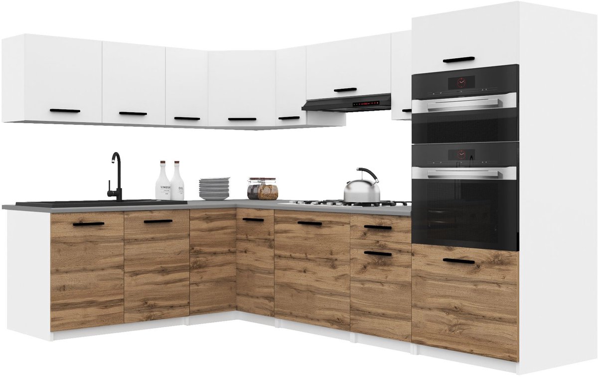 BELINI Keukenblok ITALIA 8 - Keukenmeubel Set 420 cm Wit-Goudbruin Mat met Werkbladen - Boven- en Onderkasten