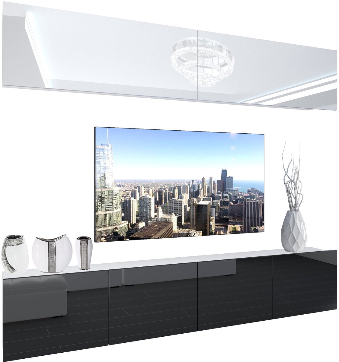 BELINI Wandmeubel NEX 6 - TV-Wandkast Set met LED-Verlichting Wit / Zwart - Hoogglans Fronten