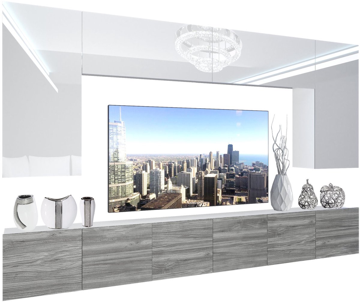 BELINI Wandmeubel NEX 2 - TV-Wandkast Set met LED-Verlichting Wit / Glamour Hout - Hoogglans Fronten