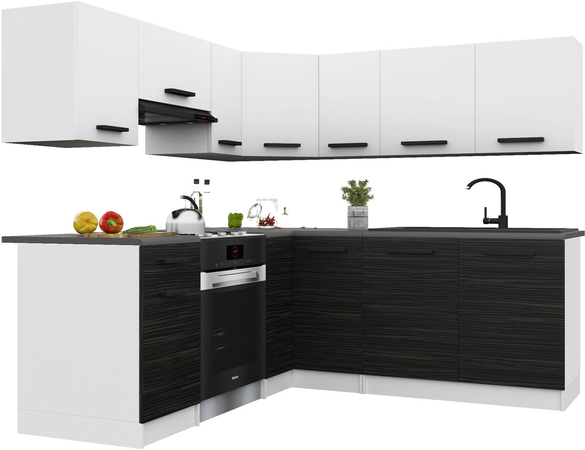 BELINI Keukenblok ITALIA 6 - Keukenmeubel Set 360 cm Wit-Ebbenhout met Werkbladen - Boven- en Onderkasten