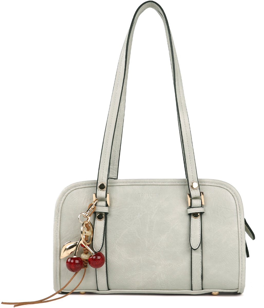 TANTOMI - Dames Handtassen - Elegante schoudertas - met kersenhanger - Handtas Dames klein - Boston tas - voor afspraakjes, dagelijks gebruik en winkelen - Grijs-wit