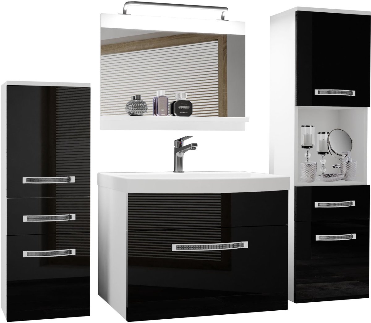 BELINI Badkamermeubel Set GLA P 5 - Badmeubelset 140 cm Zwart Hoogglans met Wastafel, Spiegel en LED Lamp - Wandmontage