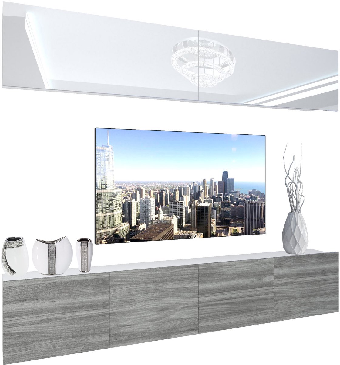 BELINI Wandmeubel NEX 6 - TV-Wandkast Set met LED-Verlichting Wit / Glamour Hout - Hoogglans Fronten