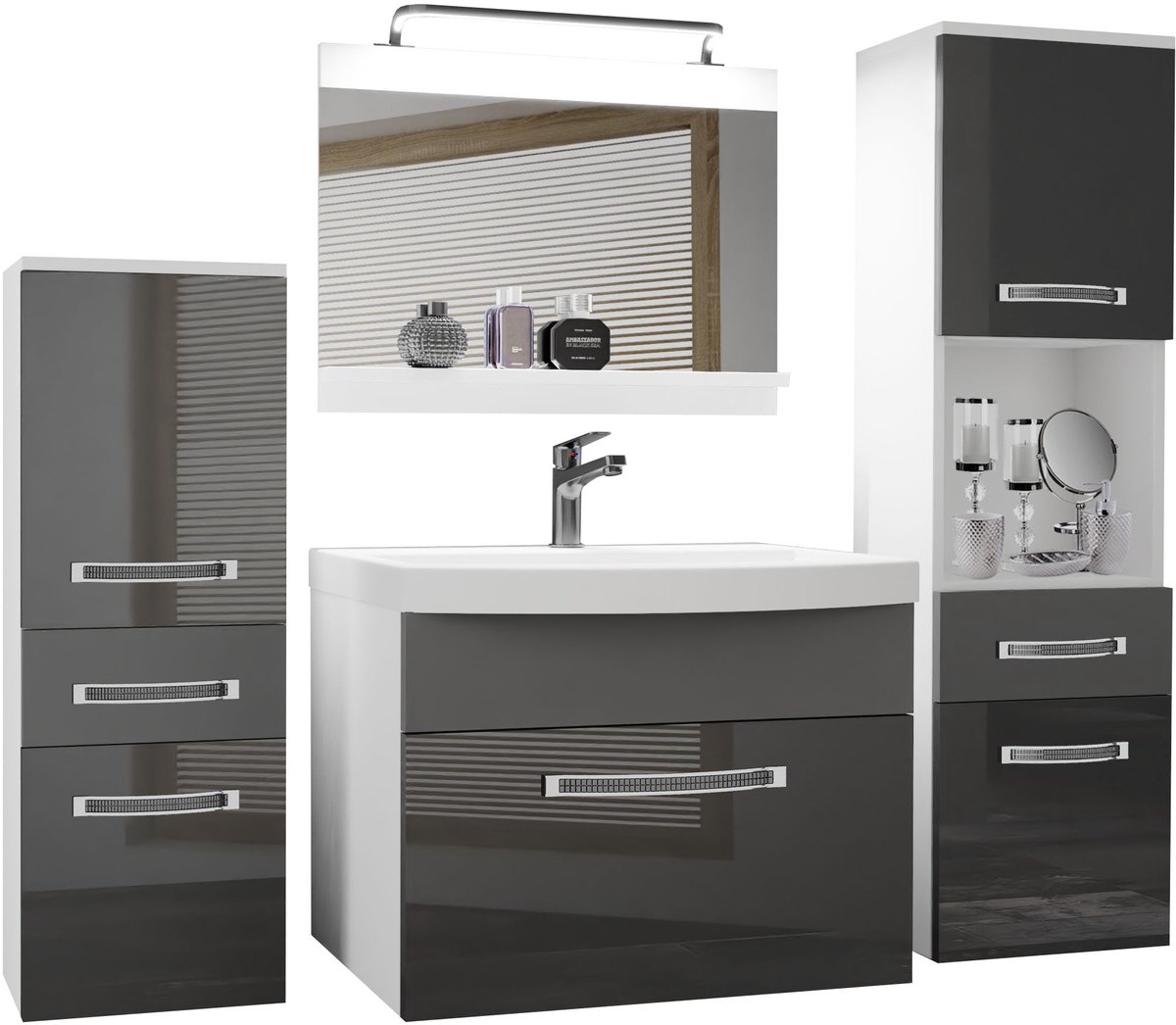 BELINI Badkamermeubel Set GLA PM 5 - Badmeubelset 140 cm Grijs Hoogglans Mat met Wastafel, Spiegel en LED Lamp - Wandmontage