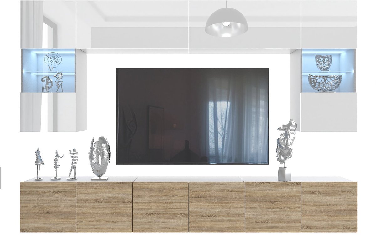 BELINI Wandmeubel Milano 1 300 cm Wit/Sonoma Eiken Hoogglans - TV-Wand Greeploos - Moderne Woonwand met Gasliftsysteem - Modulair TV-Meubel
