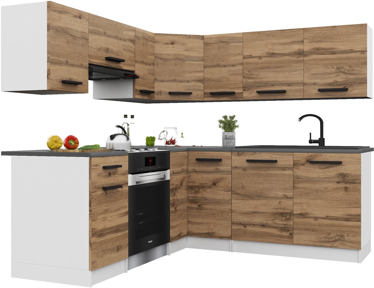 BELINI Keukenblok ITALIA 6 - Keukenmeubel Set 360 cm Goudbruin met Werkbladen - Boven- en Onderkasten