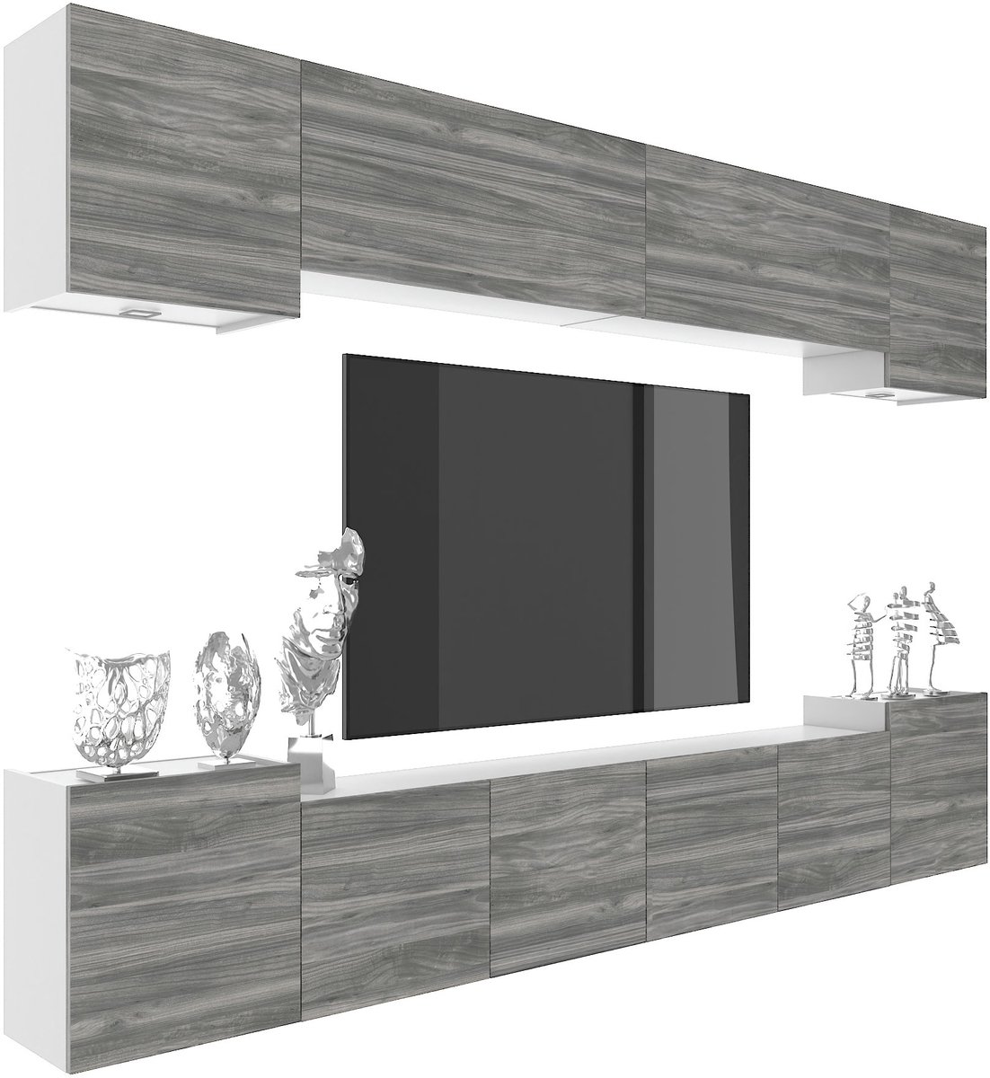 BELINI Wandmeubel Milano 4 300 cm Grijs Mat - TV-Wand Greeploos - Moderne Woonwand met Gasliftsysteem - Modulair TV-Meubel