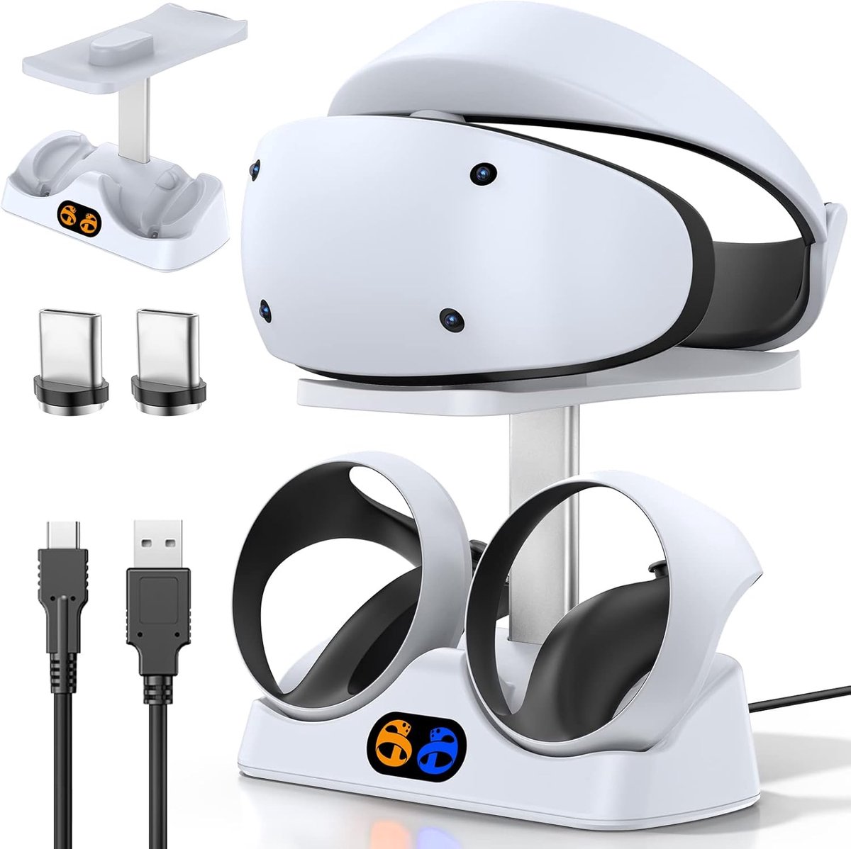 Thijox - Laadstation voor PS VR2-controller met headsetstandaard, snellaadstation met LED-verlichting, magnetische aansluiting en Type C-kabel voor PS