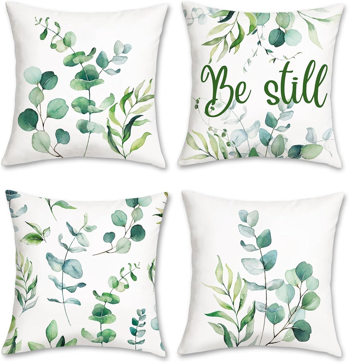 SnelShoppen - Set van 4 Kussenslopen Eucalyptusbladeren 45x45 cm Groen Fluweel Zachte Decoratieve Kussenhoezen voor Bank Slaapkamer Woonkamer Auto Thu