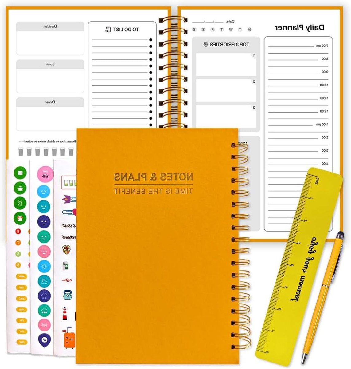 Dagelijkse planner - Notitieboek agenda - Organiseer je dag - Ongedateerd uurschema - 175 x 245 cm - Geel