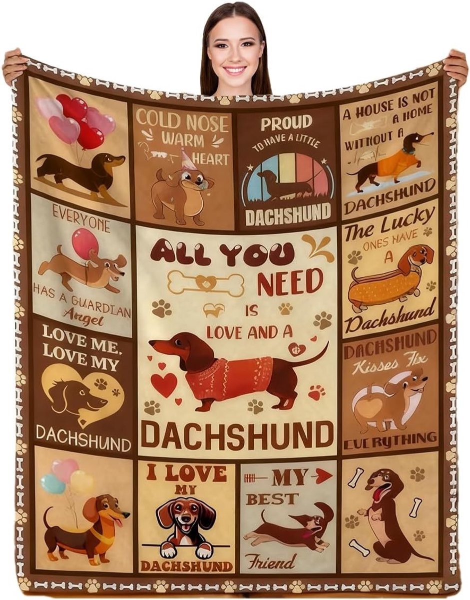 Dachshund Dekens 150 x 130 cm, Bruin Fluffy Sofa Dekentje, Knuffelbare Dekens voor Hondenliefhebbers, Perfect Cadeau voor Dierenliefhebbers