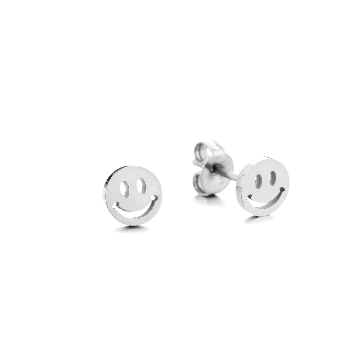 Stainless Steel Cutout Smiley Face Stud Earrings – Luxe Uitgesneden Smiley Oorstekers – RVS - Zilver