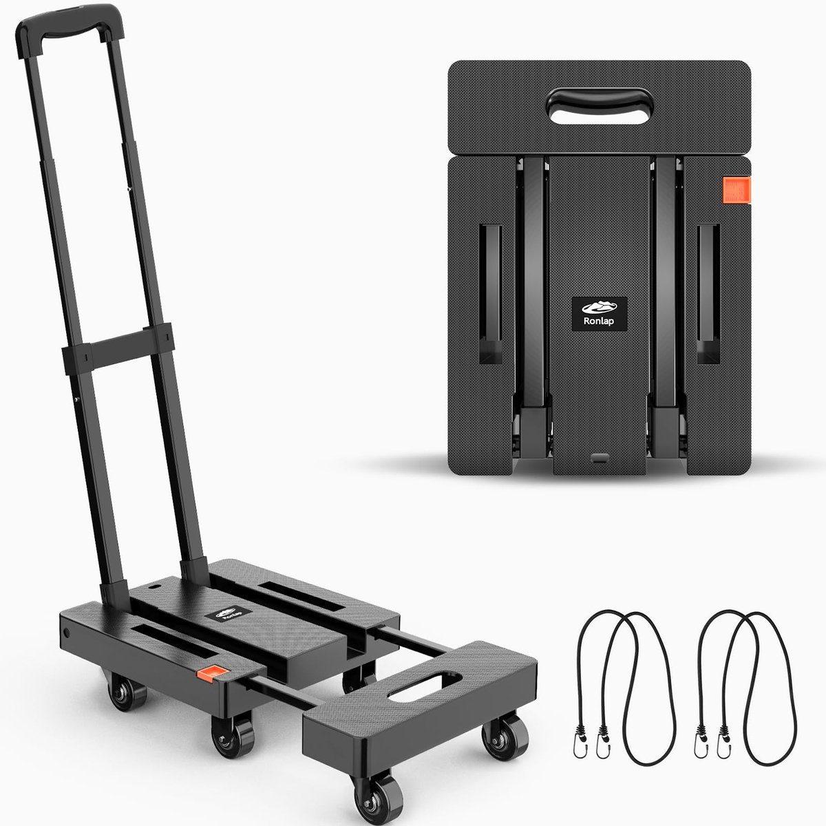 SnelShoppen - Opvouwbare Steekwagen met 6 Wielen, Robuuste Handwagen met 225 kg Capaciteit, Inclusief 2 Elastische Touwen, Zwart voor Vervoer van Baga