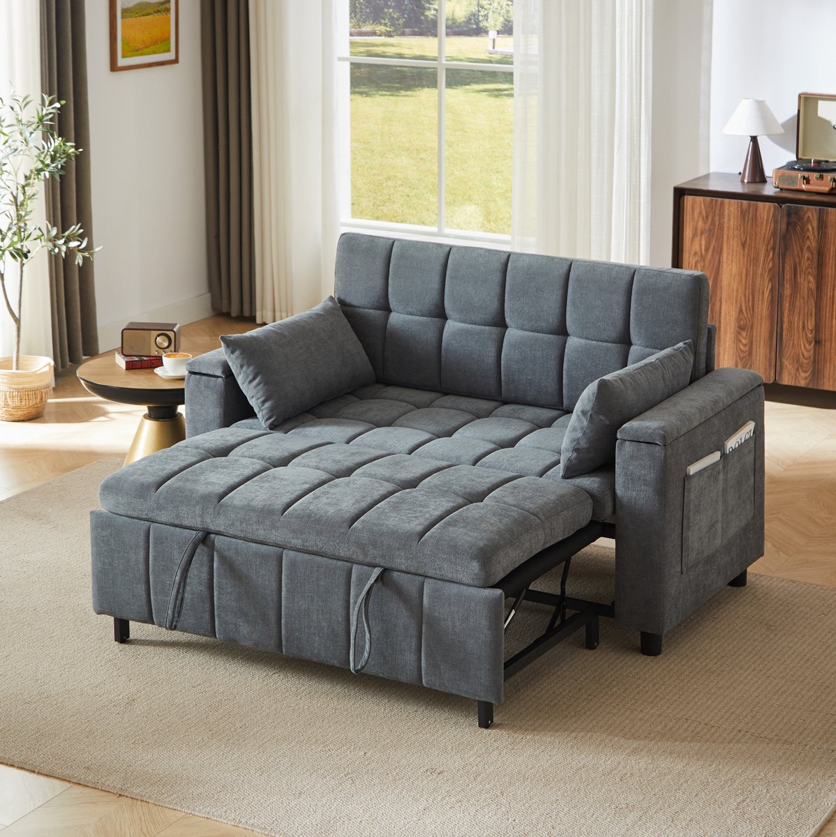 OKWISH Slaapbank 148,6 Cm - 3-In-1 Met Uitschuifbed En Opbergruimte - Voor Woonkamer Of Logeerkamer - Chenille - Grijs