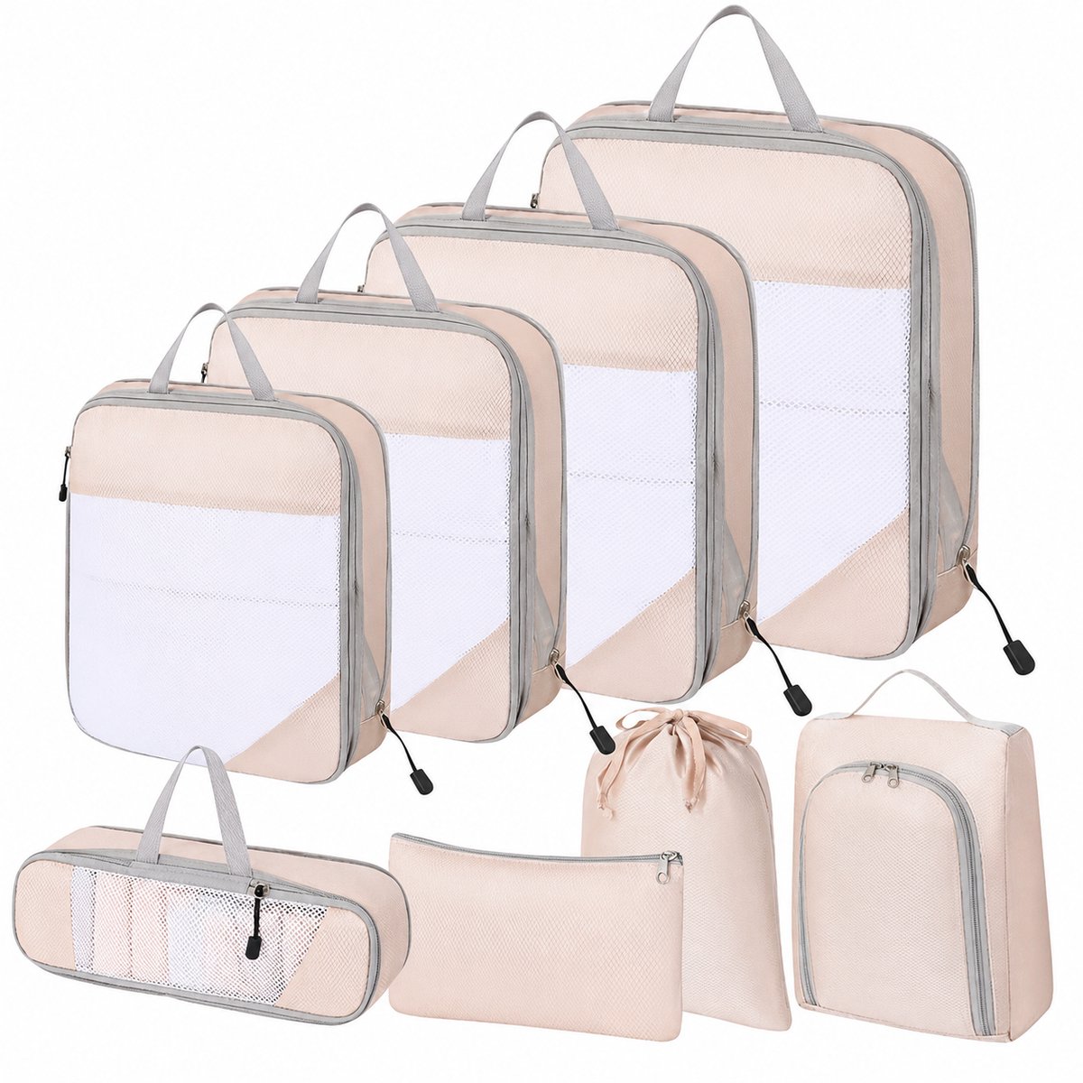 Packing Cubes Set 8-Delig - Koffer Organizer Set - Packing Cubes - Koffer Organizer - Kleding en Bagage Organizer - Travel Cubes - Reis Accessoires - Organizer voor koffer en backpack - Voor tassen en backpacks - Gebroken wit