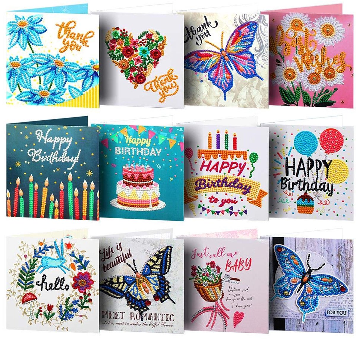 YYchan Diamond Painting Kaarten Set van 12 - DIY Wenskaarten Inclusief Enveloppen - 15x15 cm - Verjaardag & Feestdagen - Taart
