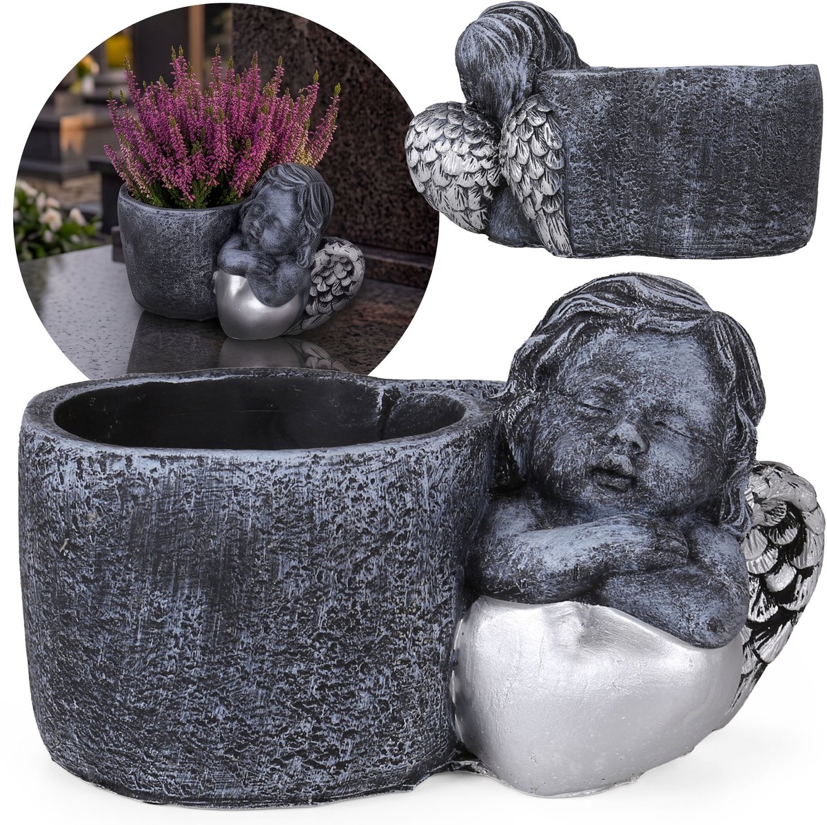 CEMENTEN grafpot, grijs MET ENGEL, GRAFDECORATIE, BLOEMPOTHOUDER 24,5x14x15 cm