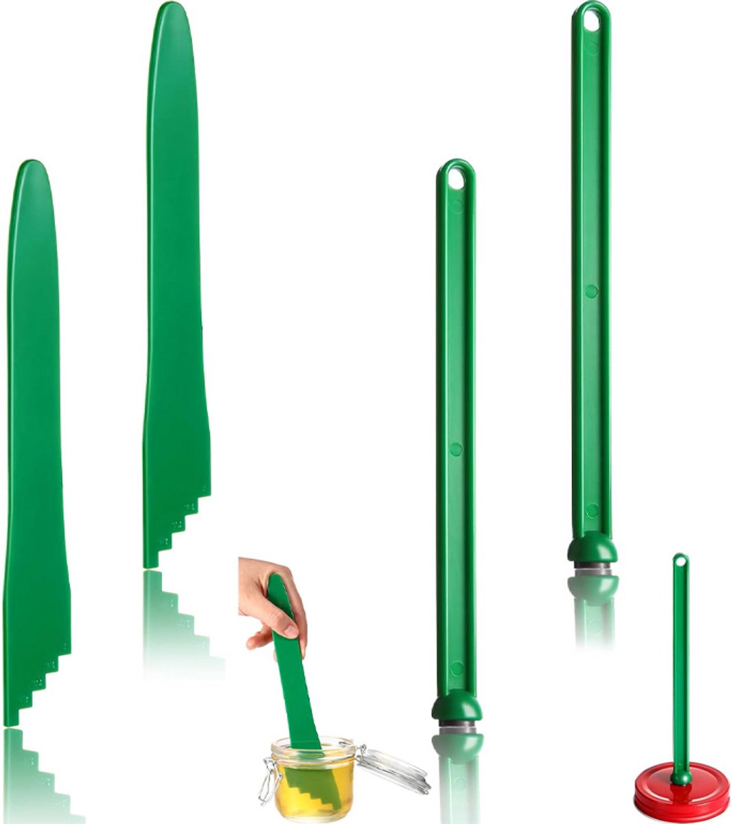 4-delige set - Jamborstel - Dekselverwijderaar - Inmaakgereedschap - Hittebestendige dekselhouder - Magnetische dekselclip - Maatliniaal - Inmaakbenodigdheden - Geschikt voor het maken en uit de pot halen van jam - Groen