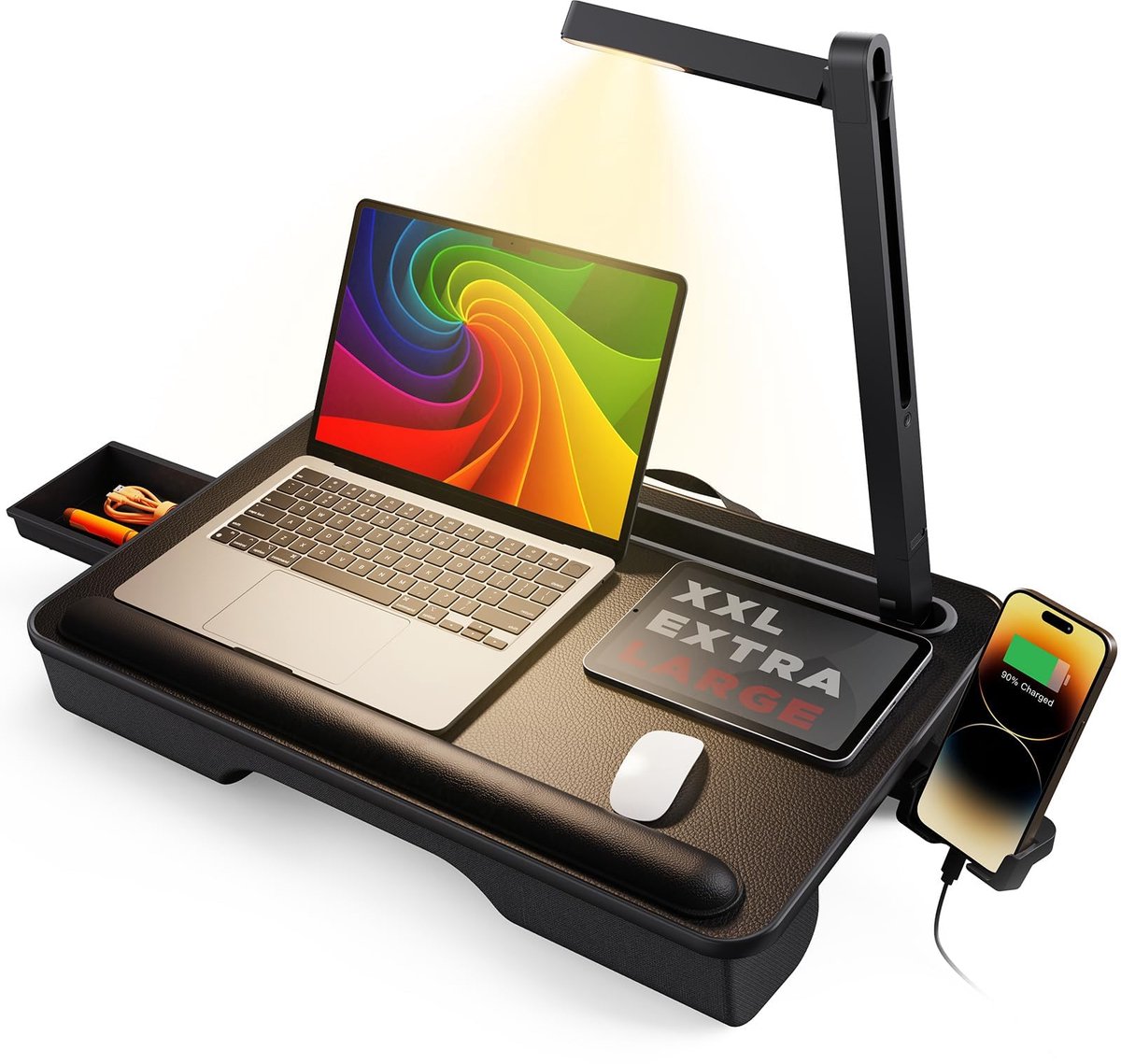 SnelShoppen - Draagbaar Schootbureau met LED-licht voor Laptops tot 17 Inch - Ingebouwde Opberglade en Telefoonhouder - Comfortabel Kussen voor Thuis,