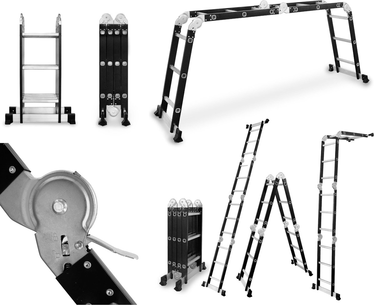 SnelShoppen - Multifunctionele Scharnierladder 4x3 Treden - Solide Aluminium en Staal Constructie - Maximale Belastbaarheid 125 kg - Compact en Handig