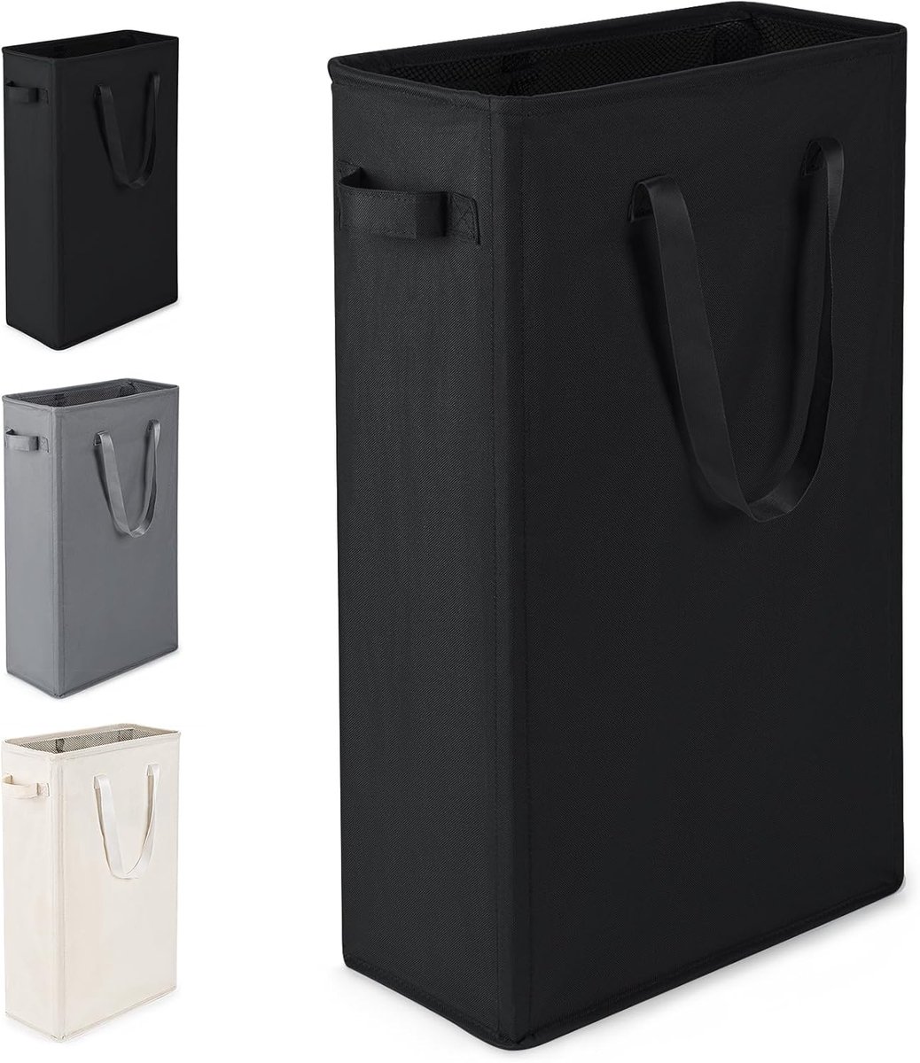 SnelShoppen - Slim Opvouwbare Wasmand met Handgrepen voor Bijkeuken, Slaapkamer, Badkamer, 39 x 19 x 61 cm, 45 liter, Zwart, Ideaal voor Huis, Camping