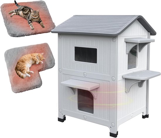 Kattenhuis Buiten - Kat Verblijf - Dieren Beschermen - Dubbelwandig Geïsoleerd - 54x53x86 cm - Wit
