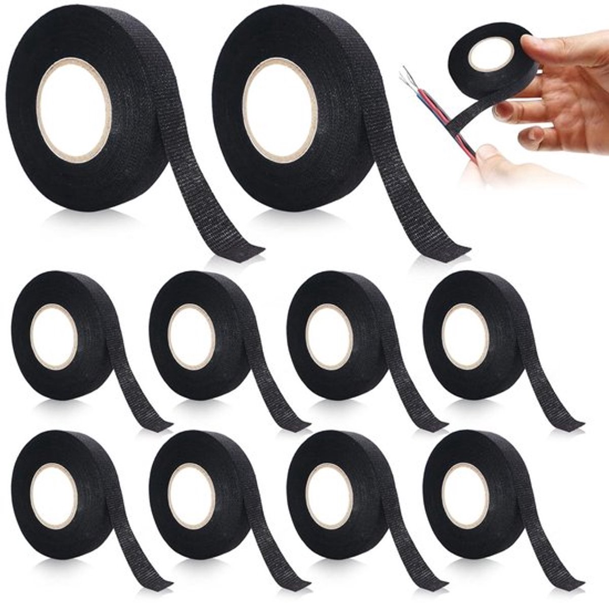 Set van 10 Stuks Isolatietape 19mm x 15m voor Kabelbundels, Textieltape en Zelfklevende Tape voor Auto, Huishouden en Elektrische Toepassingen