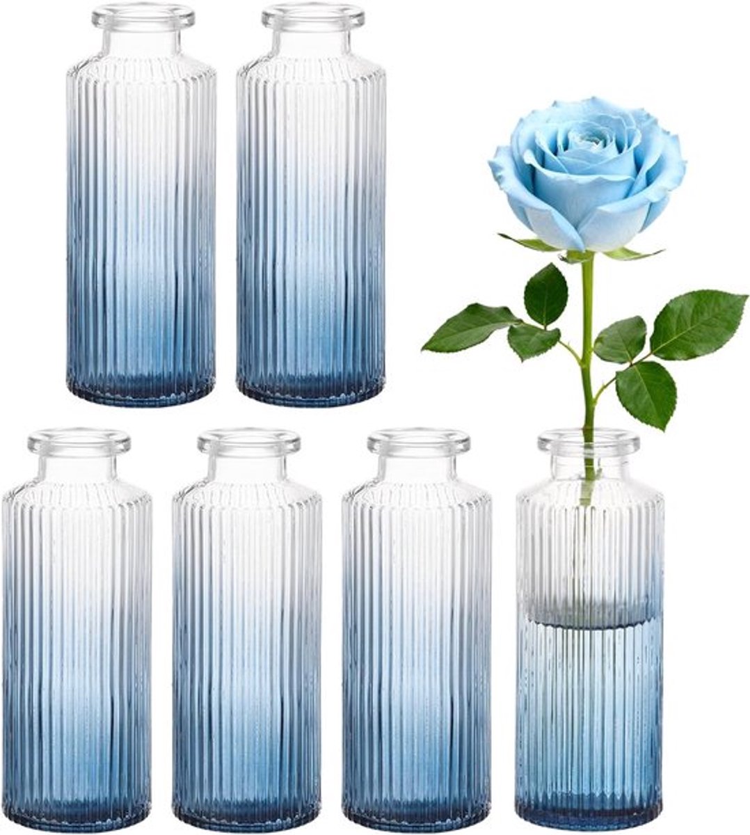 Set van 6 Kleine Vintage Decoratieve Vazen van Glas voor Tafel- en Huiskamerdecoratie, Bruiloft Versiering (Blauwe Gradient, Verticale Vorm)
