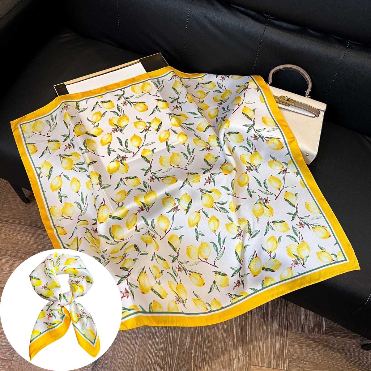 Kunstzijden Sjaaltje - Lente/zomer Accessoire Voor Bij Overhemden, Halsdoek, Zijdezachte En Luchtige Haarband 70x70cm, Dunne Sjaal Ter Bescherming Van De Nek(Sjaal van imitatiesijden met gele citroenbloemen)