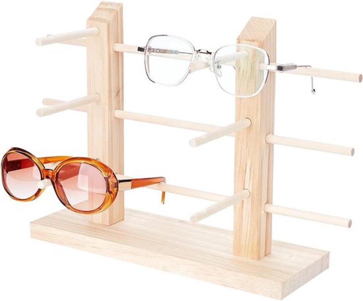 Houten zonnebril displaystandaard voor 6 brillen - opbergrek voor thuis en winkel met 2 rijen - stijlvolle brillenhouder voor retail presentatie.