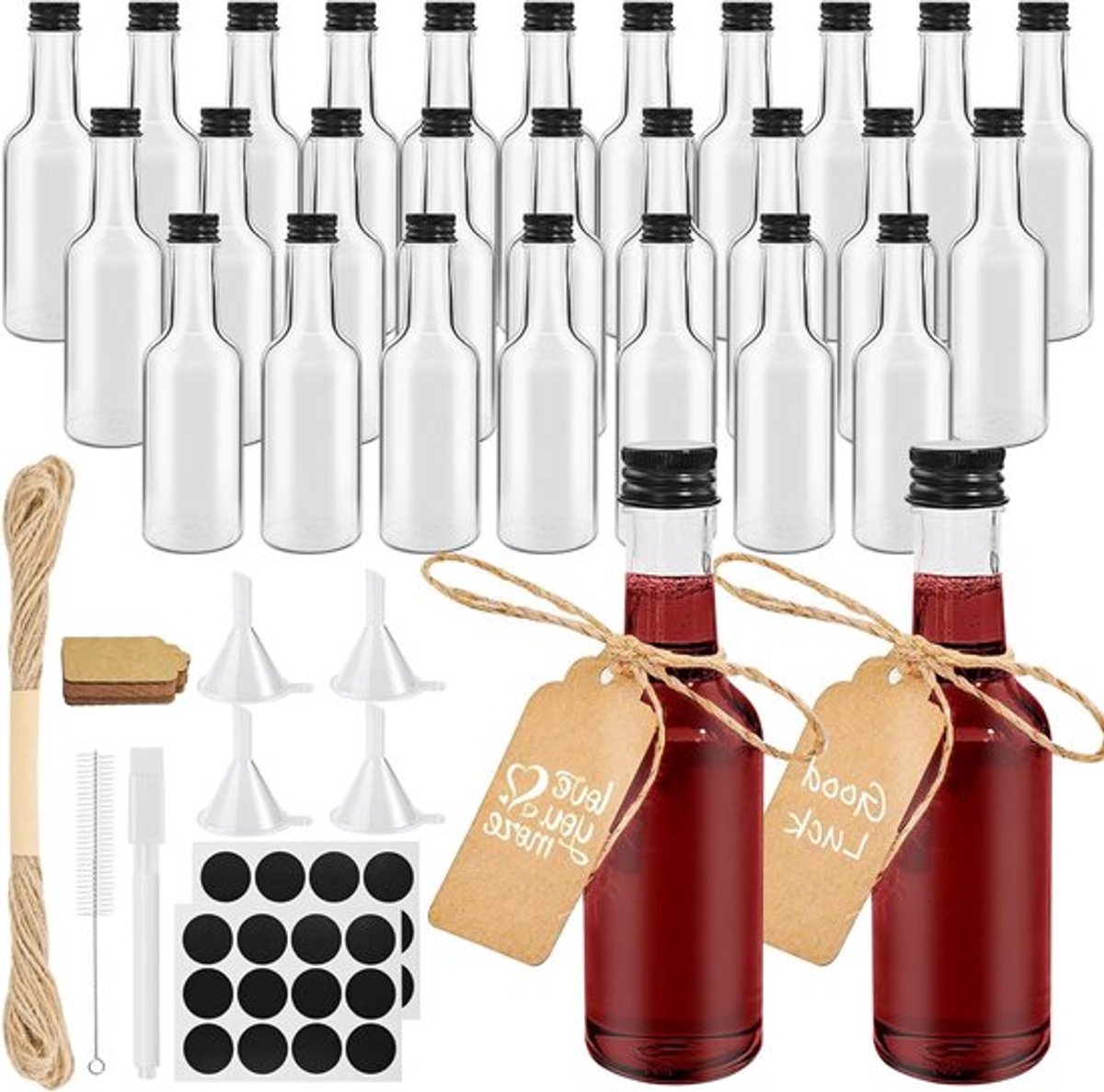 28 stuks mini likeurflesjes 100 ml - herbruikbare alcoholflesjes met zwarte schroefdop, pen, hangtag en trechter voor bruiloften, feesten en cadeautjes