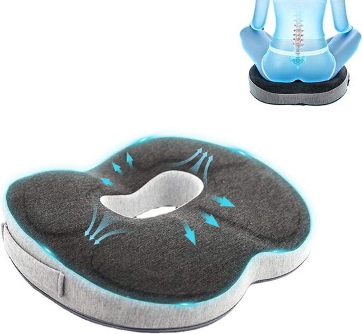 Ergonomisch Zitkussen van Geheugenfoam voor Pijnverlichting, Anti-decubitus Kussen voor Kantoor, Auto en Rolstoel, Coccyx en Aambeien Ondersteuning