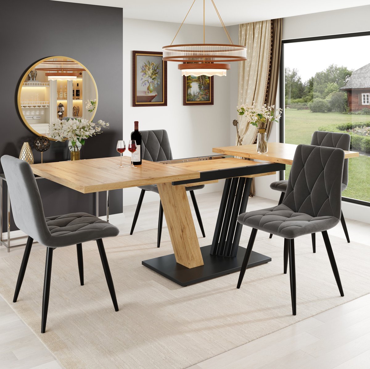 COVREO Set tafel en stoelen 120x80 cm grijs, MDF en metaal uitschuifbaar