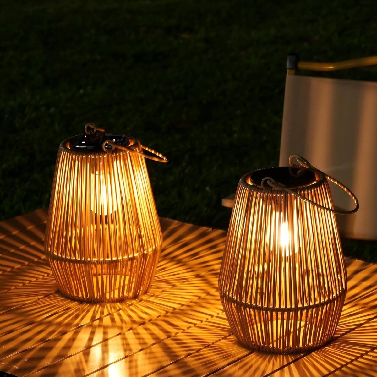 SnelShoppen - Zonnelampen voor Buiten, 2 Stuks Handgebreide Zonne-Lantaarns Boheems | Hangend en Staand Bruikbaar, LED Lampen voor Tuin, Terras, Balko