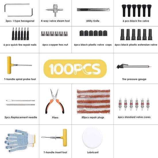Bandenreparatieset - Autobanden reparatie - Band repareren - Inclusief bandenspanningsmeter - 100-delig - Zwart — afbeelding 2