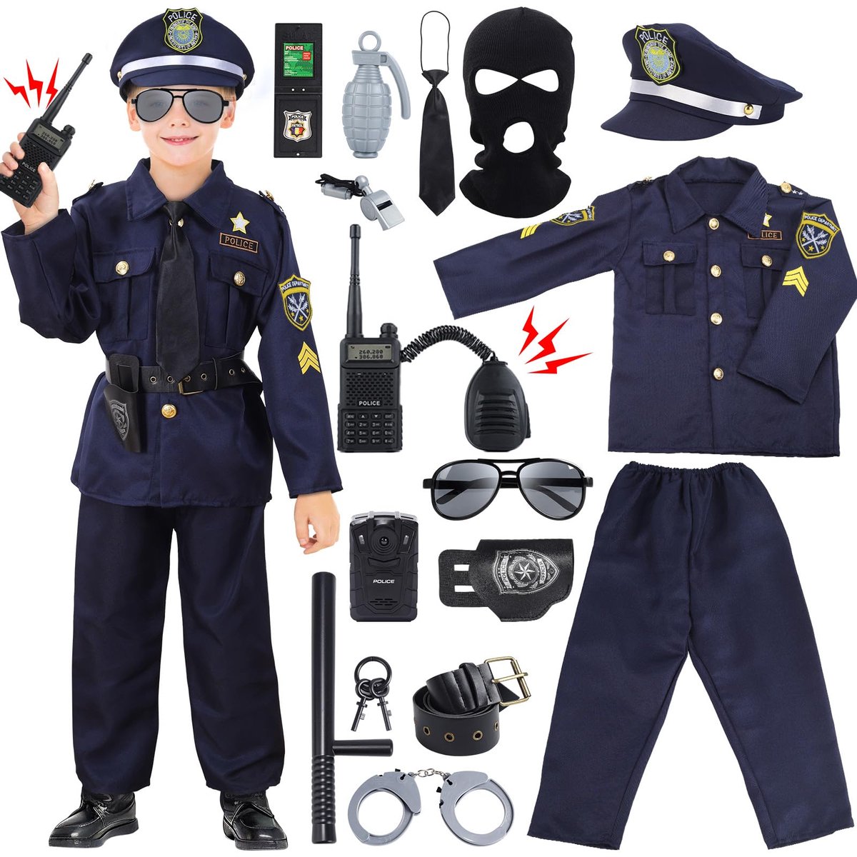 SnelShoppen - 16PCS Politie Kostuum voor Jongens, Politie Uniform voor Kinderen, 16PCS Agent Speelgoed met Outfit, Jongens Speelgoed, Kinderen Hallowe
