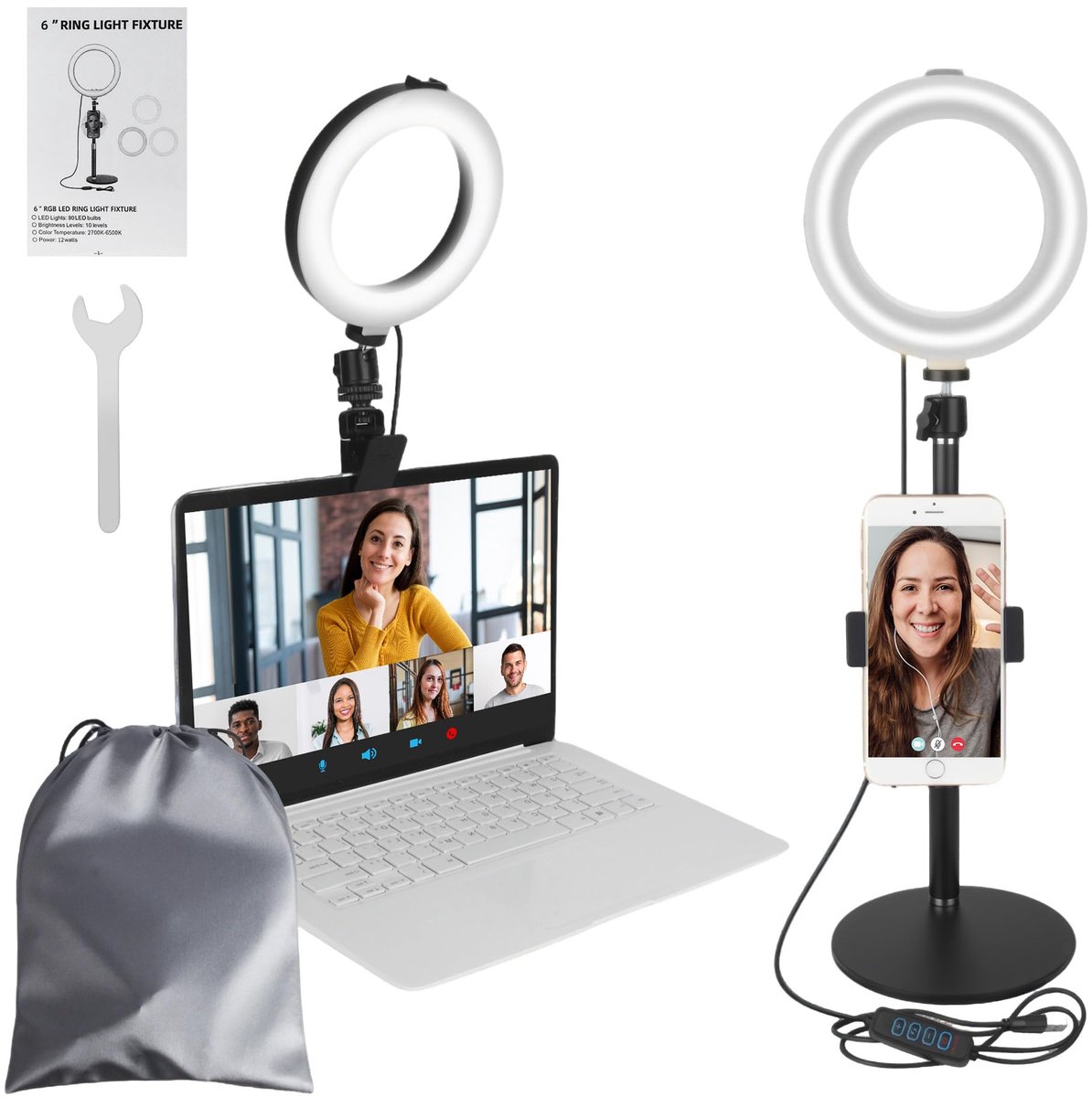 SnelShoppen - 1 Ringlamp met Statief 6 Inch, LED Selfielamp voor Telefoon, Laptop en PC, 3 Lichtkleuren, 10 Helderheidsniveaus voor Videogesprekken, Z