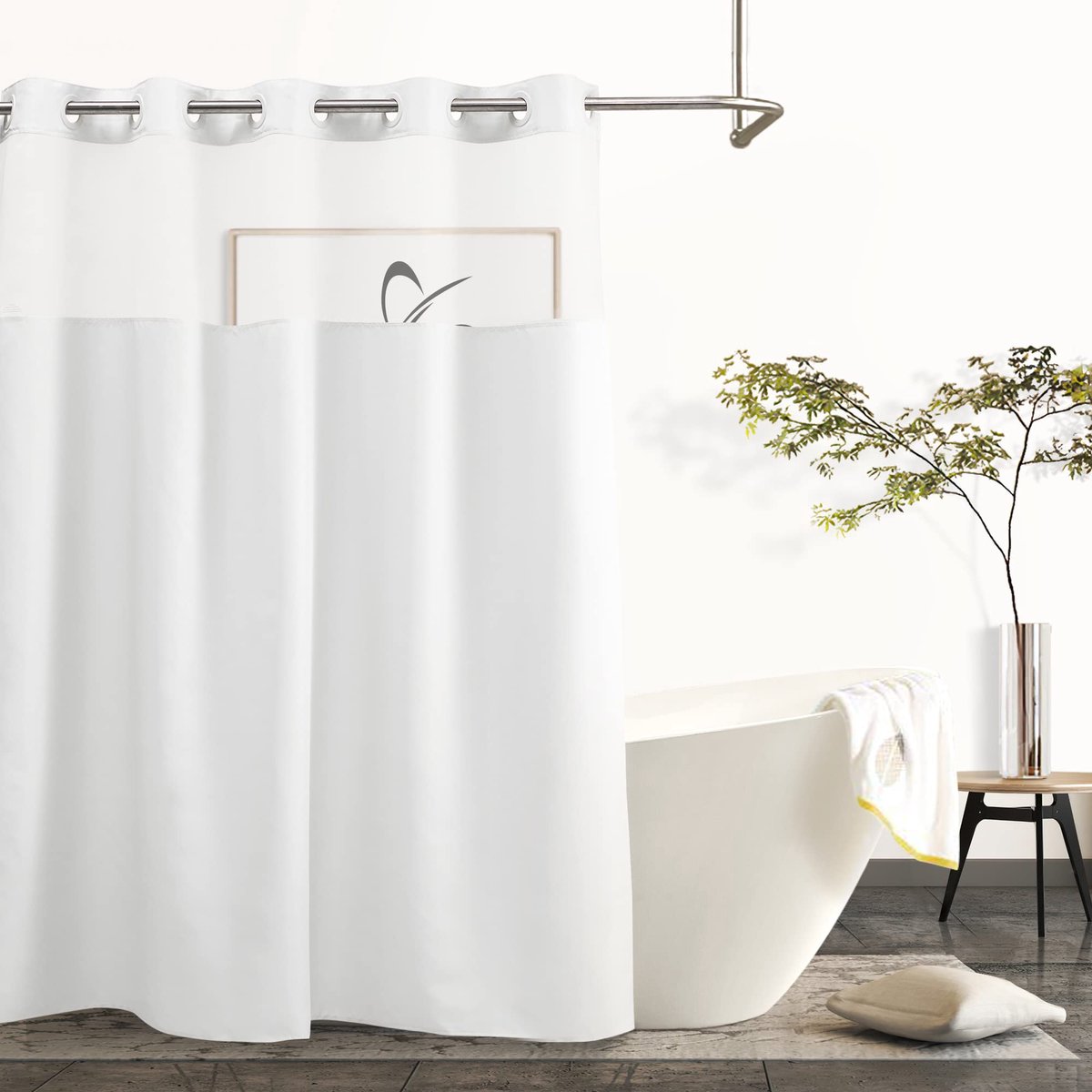 SnelShoppen - Modern Douchegordijn Hotelkwaliteit Wit Effen met Venster, Geen Haken Nodig, Standaard 71W x 74L, Ideaal voor Badkamer en Wellness