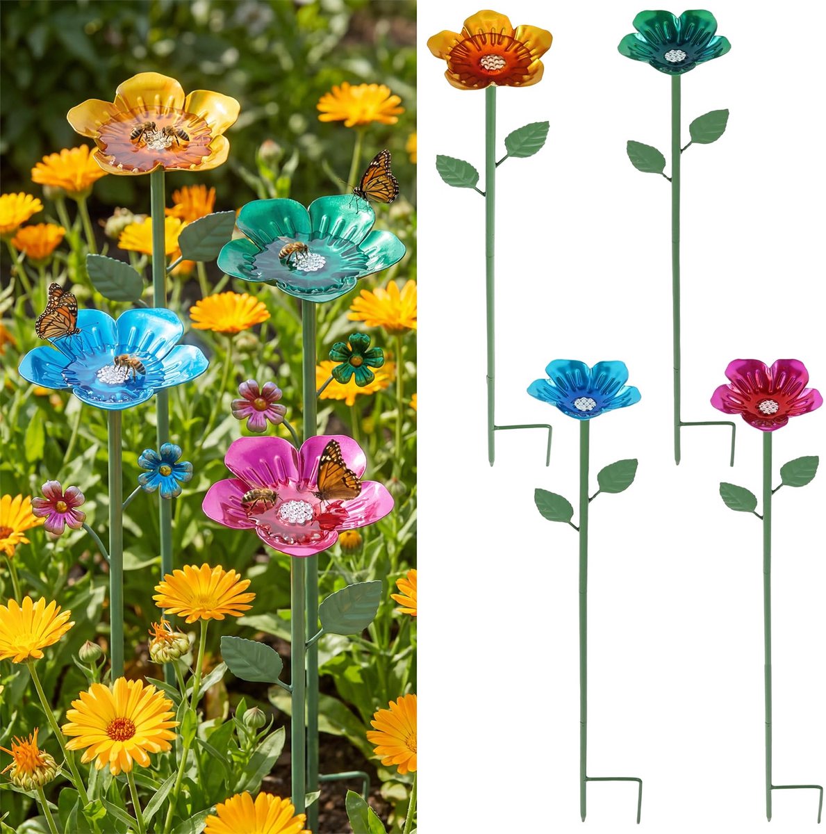 SnelShoppen - 4 stuks bijendrinkbak, metalen bloemen insectenbak met kleurrijk bloemenpatroon, 63 cm, decoratieve drinkbakken voor tuin en buiten, wat
