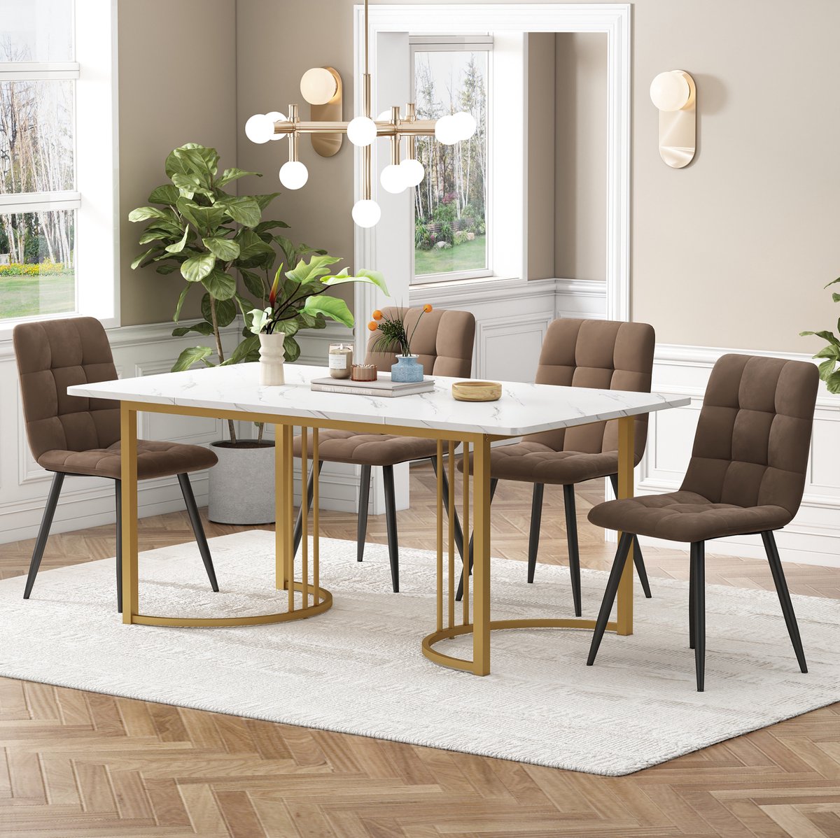 COVREO Eettafelset 140x80 cm wit en bruin, MDF en metaal met 4 stoelen