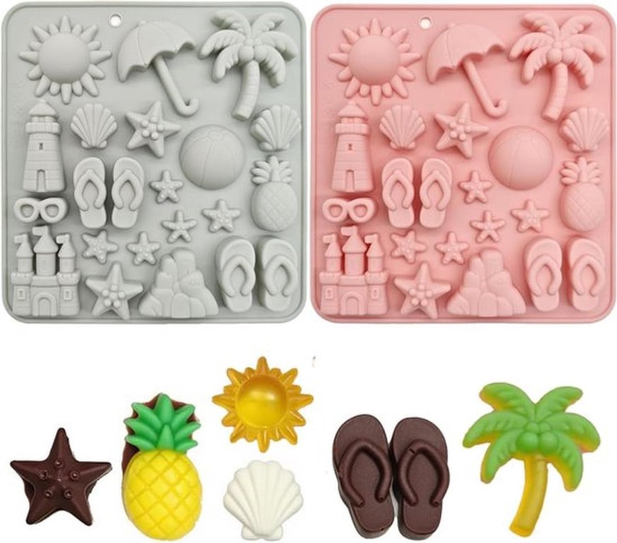 Siliconen Zomerstrand Chocoladevormen Set van 2 - 17,5 x 16,6 x 1,7 cm - Taartdecoraties - Zee Thema - Mini-vormen