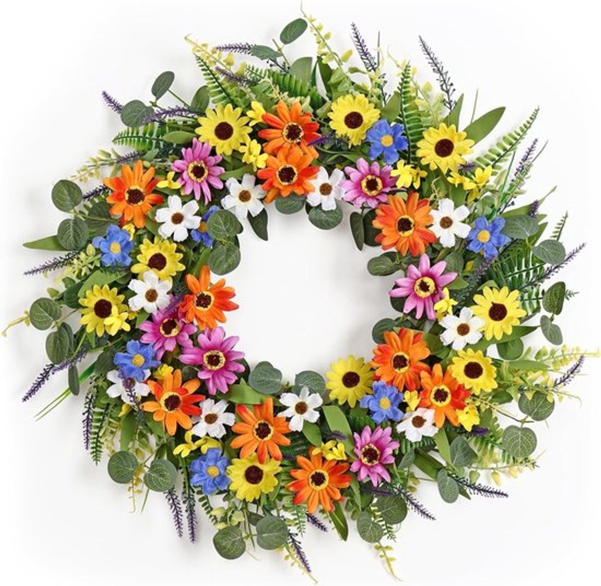 Kleurrijke Kunstbloemen Krans van 55 cm voor Deurdecoratie - Kunstmatige Margrieten en Wilde Bloemen voor Binnen en Buiten