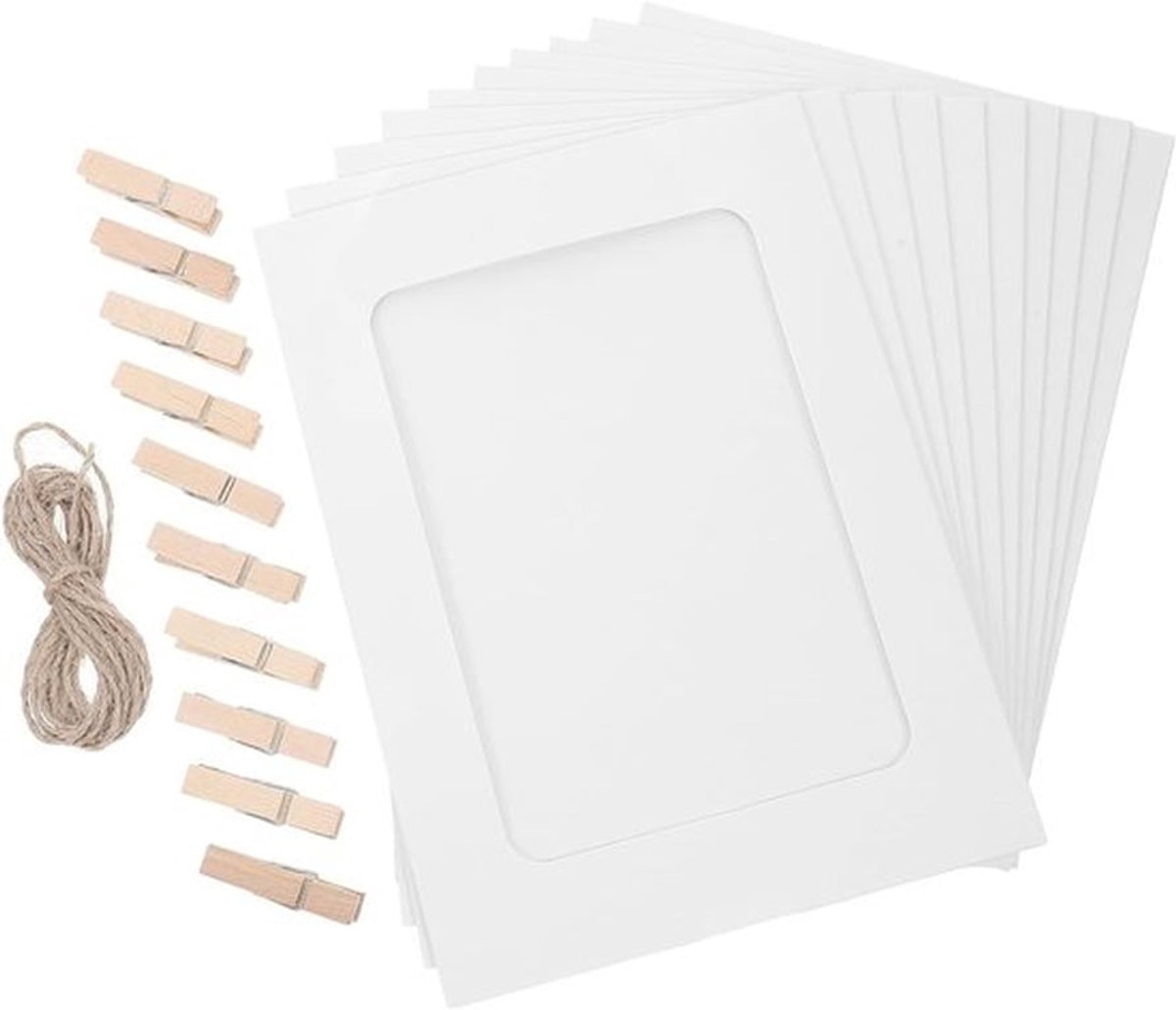 10 Stuks DIY Fotolijsten Set voor Thuisdecoratie - Kartonnen Fotolijsten met Koord en Klemmen (Wit 18.3x13.4cm)