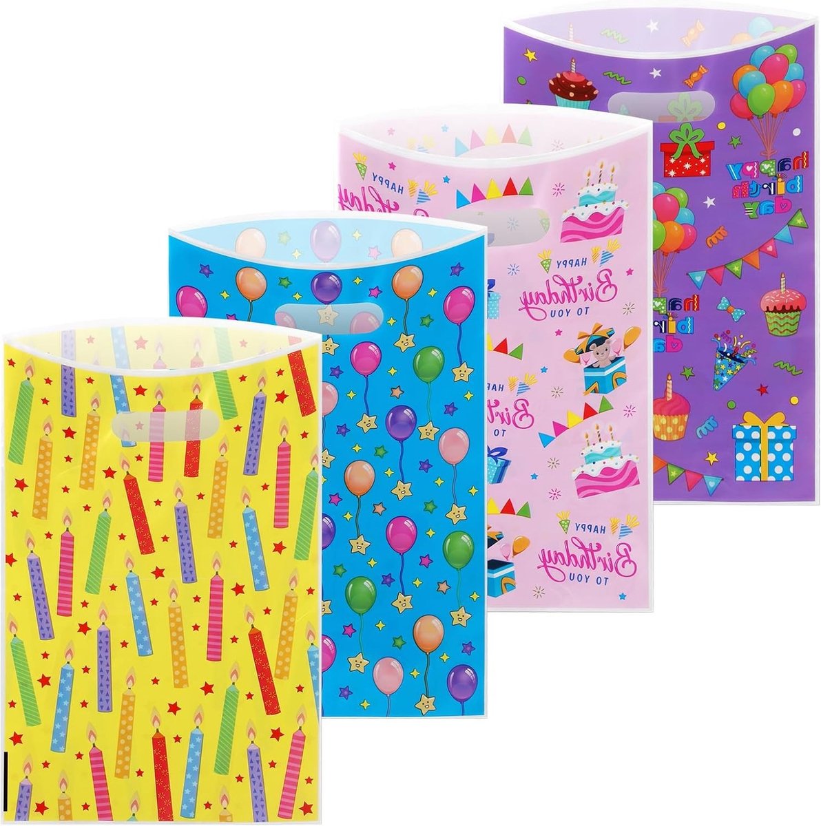 Set van 50 Verjaardagscadeautassen voor Kinderen - 4 Verschillende Ontwerpen, Ideaal voor Snoep, Goodies en Feestjes, 16.5 x 25 cm
