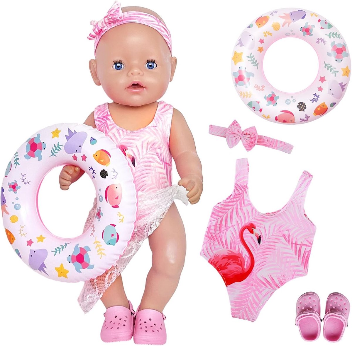 Flamingo Themed 5-delig Badpak Set voor Poppen van 35-43 cm, Inclusief Hoofdband, Rok, Zwemband en Slippers, Perfecte Cadeaus voor Kinderen en Poppenliefhebbers