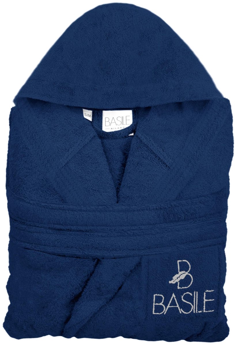 SnelShoppen - Badjas met capuchon en zak, geborduurd uit badstof, puur katoen, maat S/M, blauw voor thuis, wellness, en ontspanning