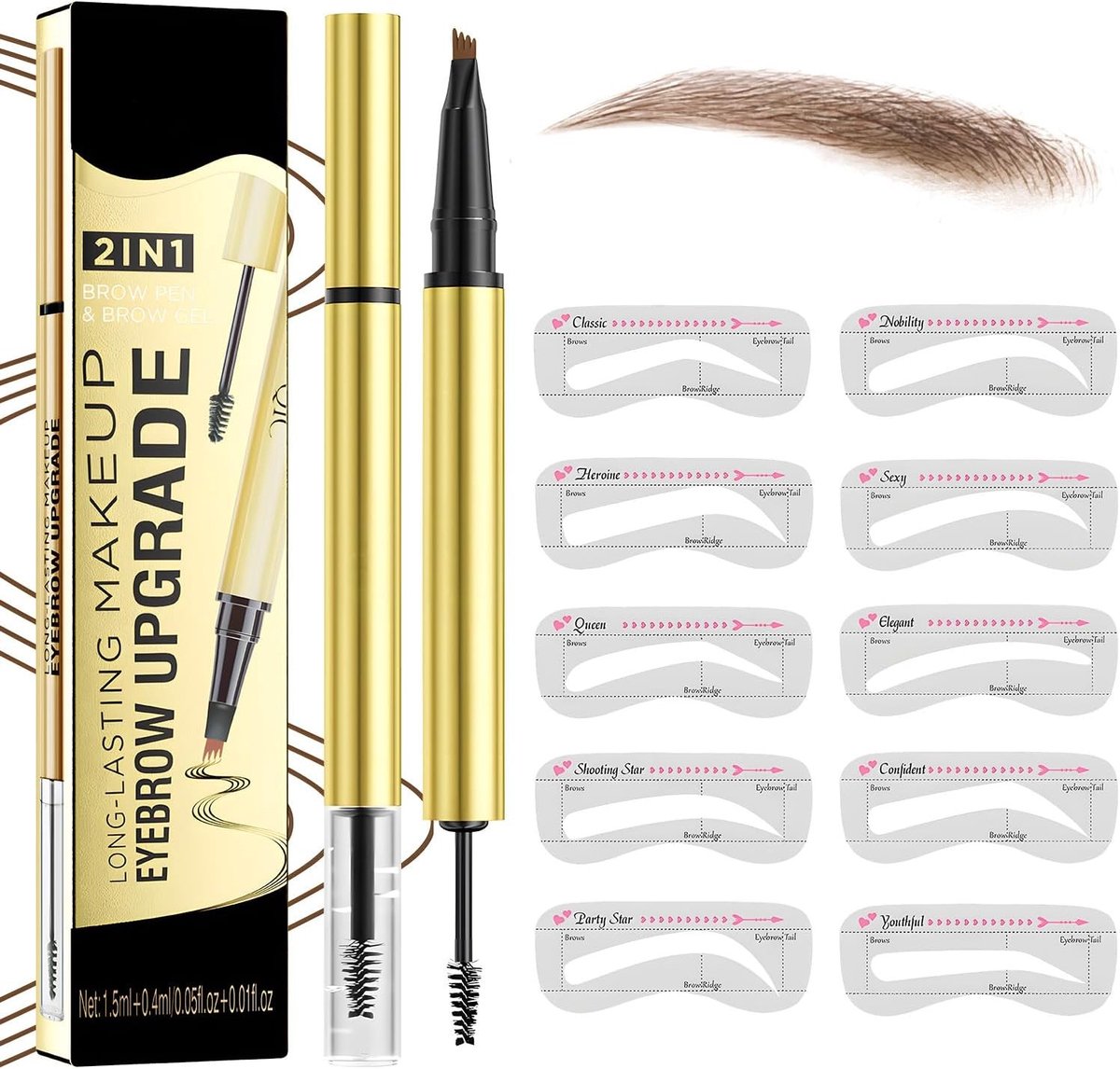 Dual Ended Wenkbrauwstift met Gel en 20 Wenkbrauwsjablonen, Waterbestendig en Langdurig voor een Natuurlijke Look, Perfect voor Microblading en Make-up