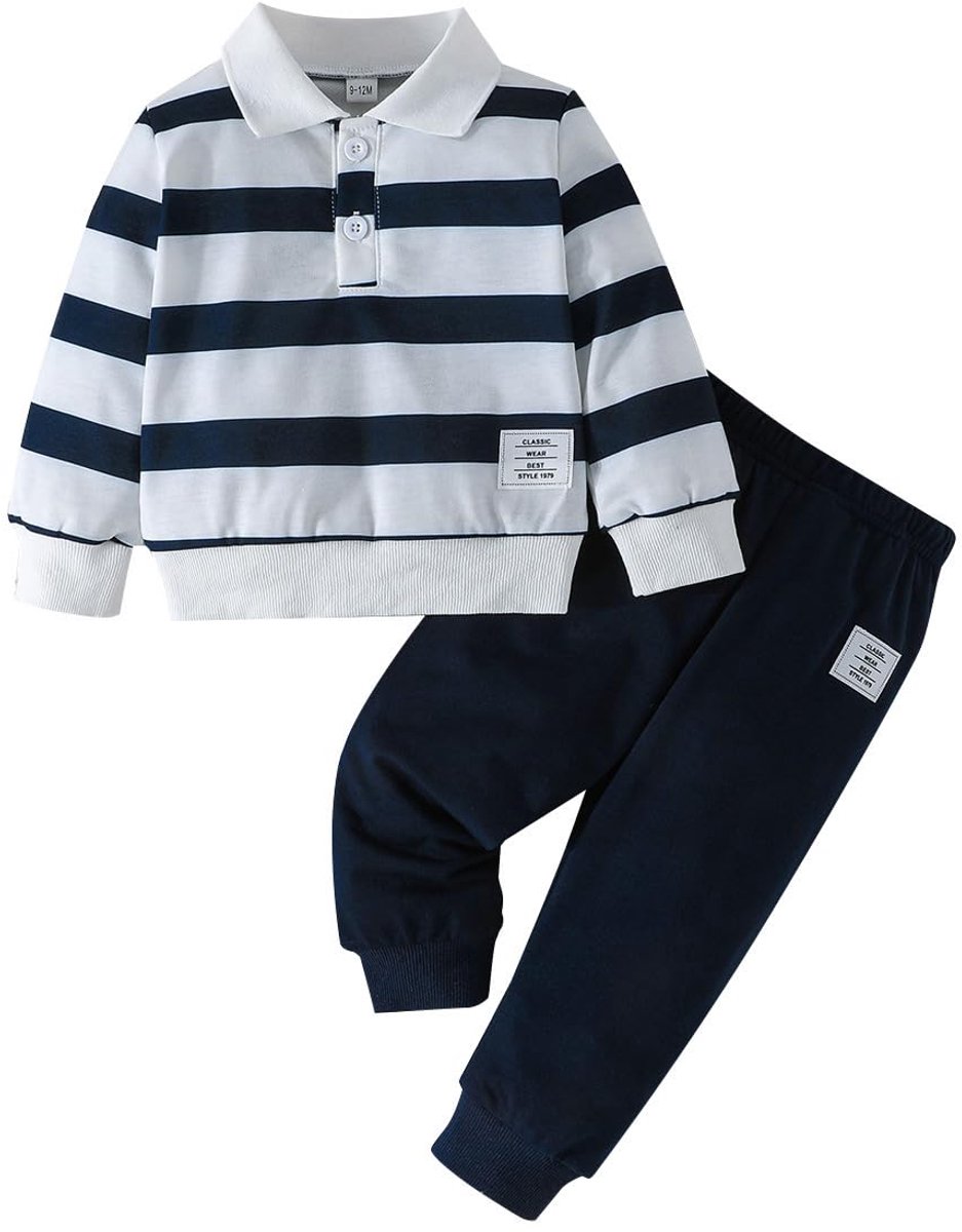 SnelShoppen - Kleding voor Peuters en Babyjongens 2-delig Trainingspak met Korte Mouwen en Omslagkraag, T-shirt en Broek, Eenkleurig en Bedrukt, Gesch