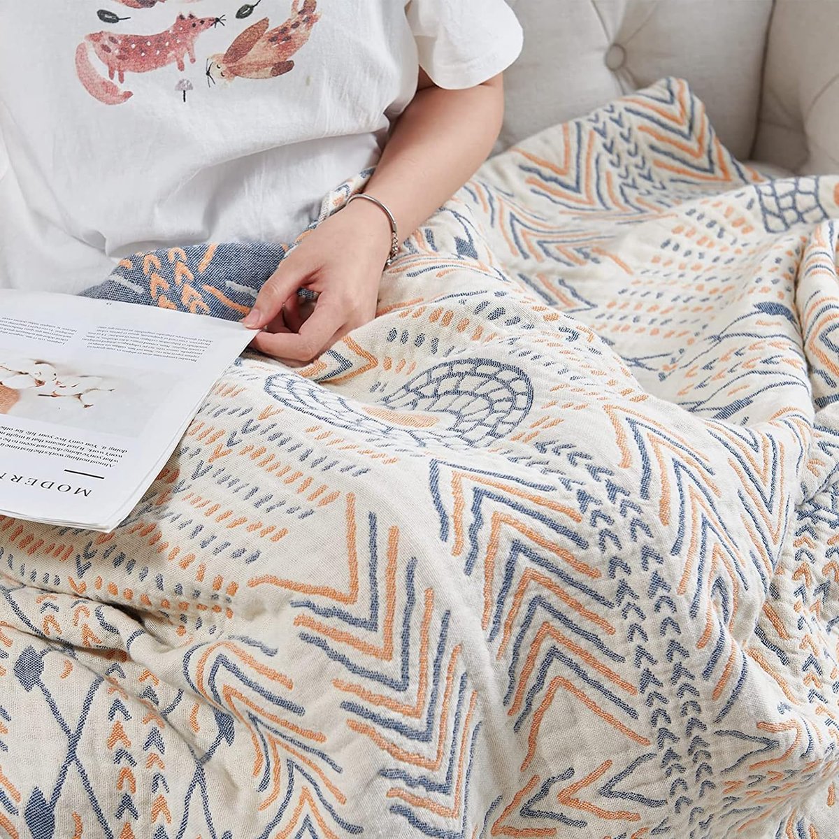 SnelShoppen - Dubbelzijdige Boheemse Slaapbank Deken 200x230 cm - 100% Biologisch Katoen - Zachte Boho-Plaid voor 2-3 Zitsbanken, Fauteuils en Bedden